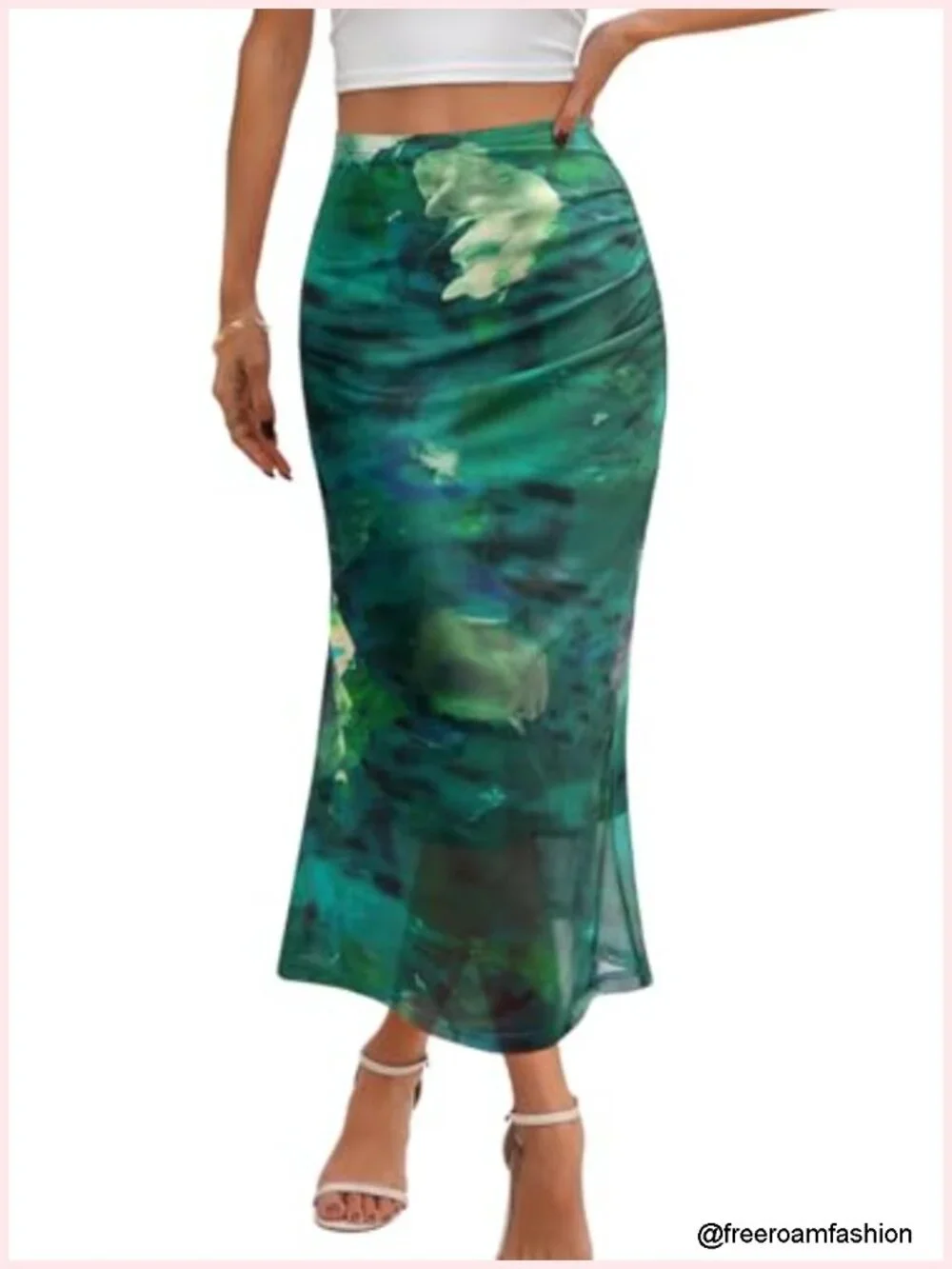 Women's Floral Mesh Midi Skirt High Waist Ruched Bodycon